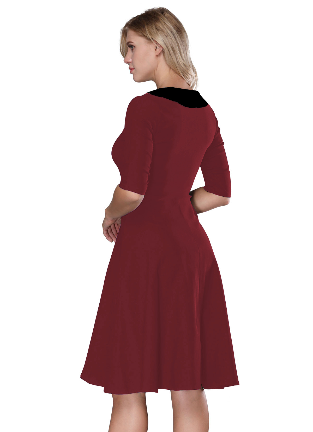F2529-2 Wine Red & Black   Retro Vintage Style Cocktail Party Swing Dress